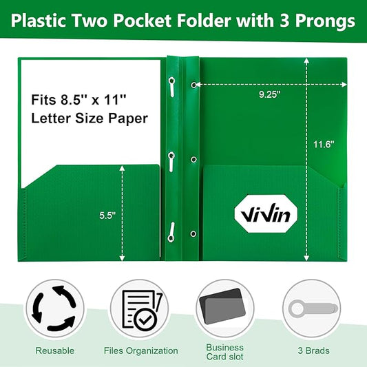 ViVin Sturdy Plastic Folder, 10 Pack, 2 Pocket Folder with Prongs, Holds 8.5 x 11 Letter Size Paper, 3 Prong Folders with Pockets, for School Office and Home - Green