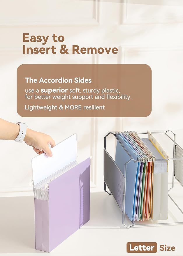 Plastic Extra Capacity Hanging File Folders, 2" Pastel Expanding Pocket, Heavy Duty for Filing Cabinet, Insertable 1/5-Cut Tabs, Letter Size - 12 Pack