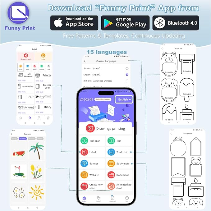 Mini Sticker Printer, Portable Thermal Inkless Sticker Maker with 8 Rolls Coloed Paper & 12 Pens, Wireless Thermarote Printers for Travel, Photos,Study Notes, Scrapbook, Journal, Memo (Blue)