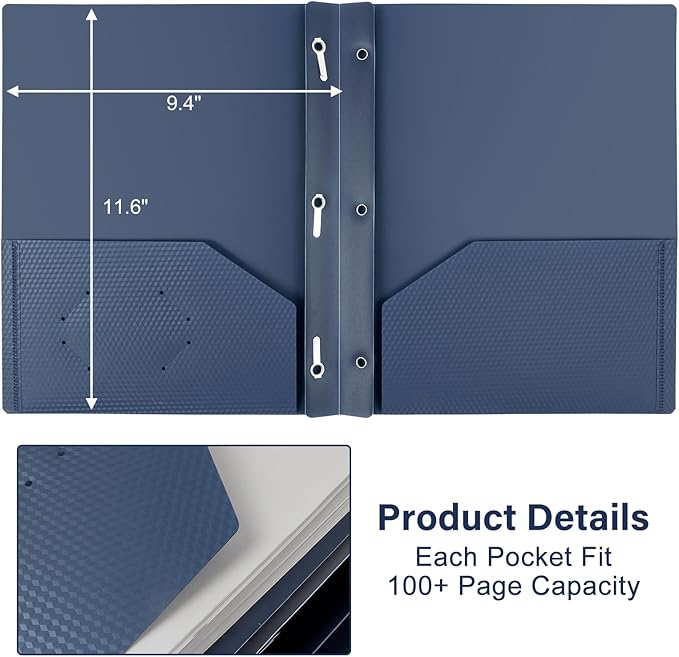 12-Pack Plastic Folders with Pockets and Prongs,2-Pocket Folders with 3 Fasteners, Poly Folders Holds 8-1/2" x 11" Paper for School/Office/Home, Blue
