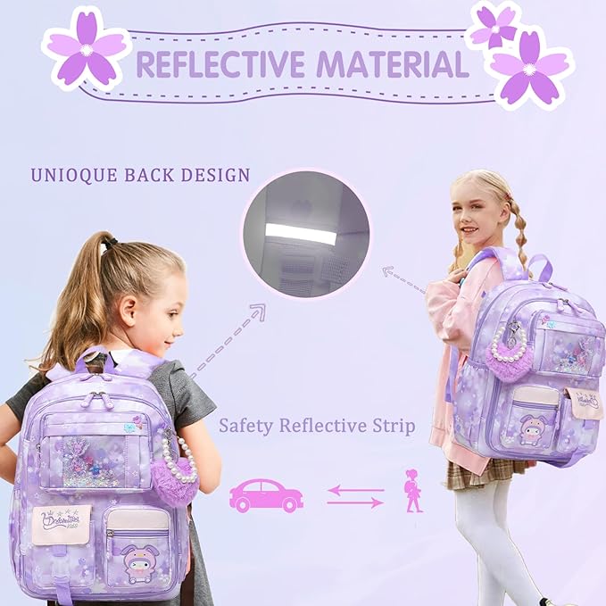Lovely Girls Backpack School Bag for Students Kids Book Bag with Multiple Pockets Splash-proof Children's Backpack（17inch Purple）