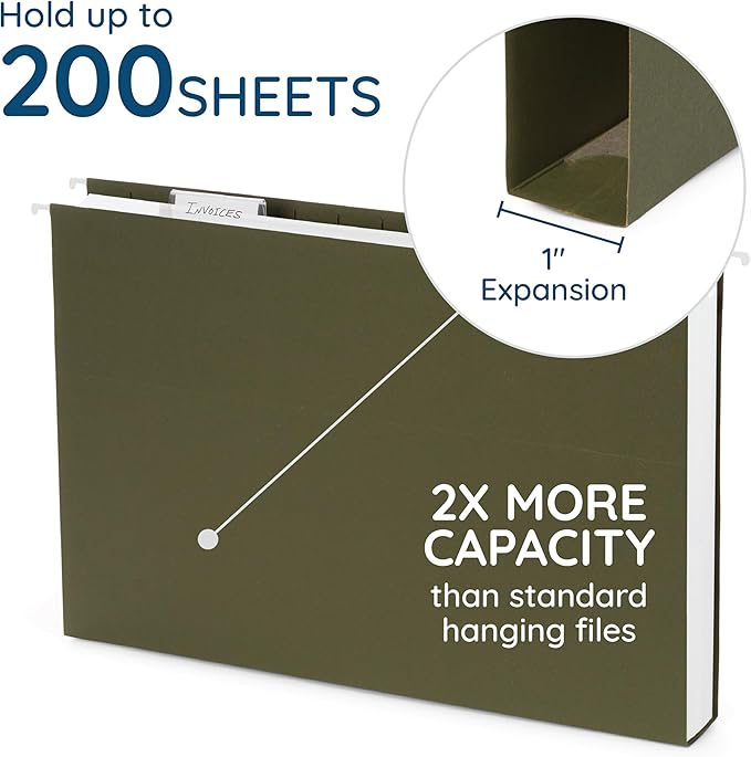 25 Blue Summit Supplies Legal Size Hanging File Folders - Expandable Hanging File Folders with 1" Expansion, Standard Green, Durable 12pt Paper, Includes 25 Plastic Tabs and Inserts