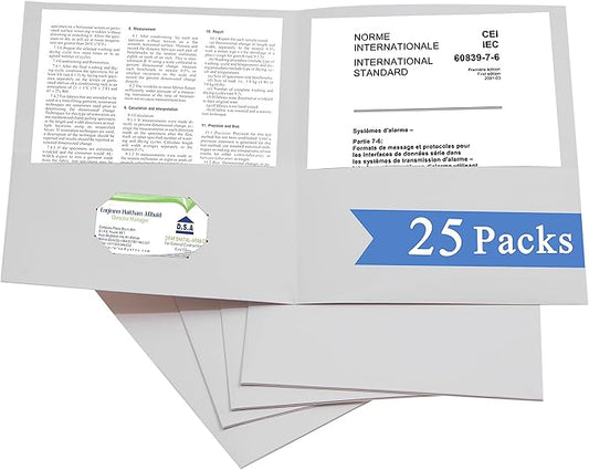 Zzrywuty 25 Packs Two Pocket File Folders with Business Card Slot,Textured Paper,Letter Size,Holds 100 Sheets for School,Office,Business,White