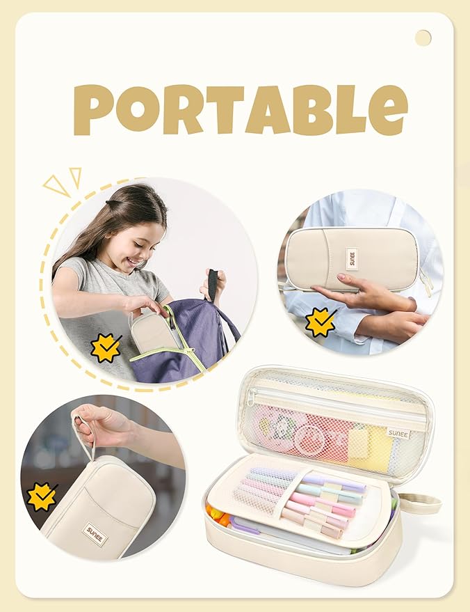 SUNEE Cute Pencil Case, Aesthetic Pen Pouch, Colored Large Pencil Bag with Zipper, Kawaii Stationery Storage and Organizer, School Supplies for Teen and Adult Girls, Beige