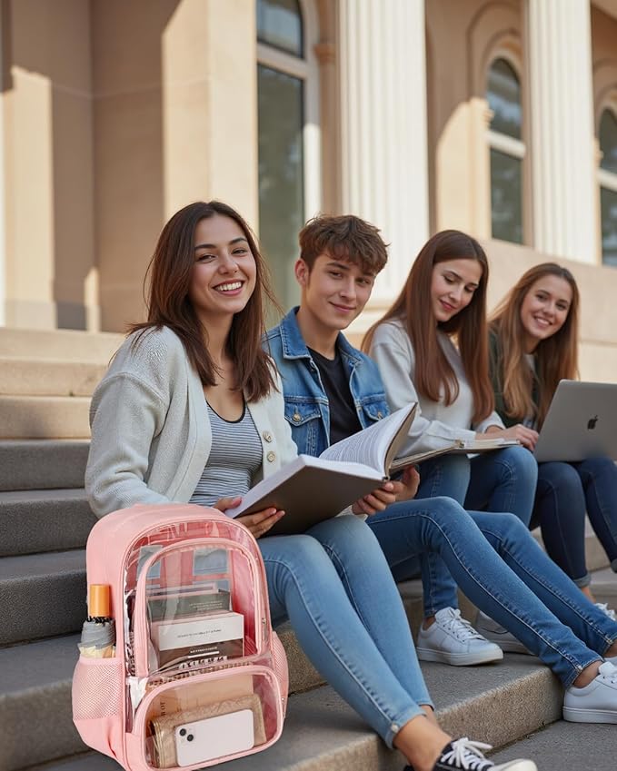 Clear Backpack, Heavy Duty Transparent Bookbag for School, Fabric & PVC Transparent Backpack with Reinforced Strap for Women Men, Capacity Clear Bag for College, Travel, X-Large Pink