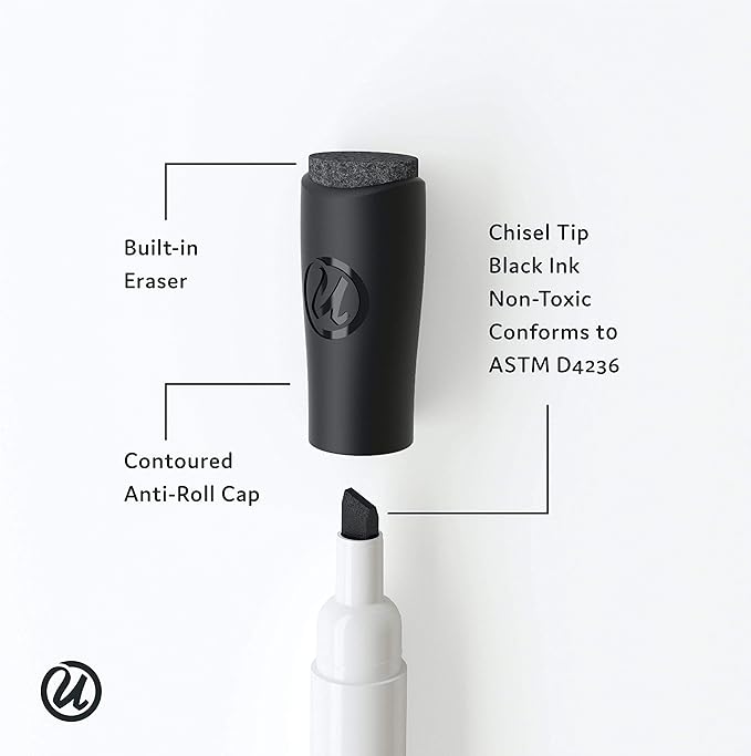 U Brands Fine Tip Dry Erase Markers with Eraser Set of 5, Includes 3 Whiteboard Markers, 1 Eraser, and 1 Board Cleaner Spray