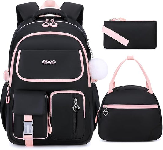 Backpacks for Girls, 3PCS School Backpack with Lunch Box Pencil Pouch for Teen Girls Kids Elementary Primary Middle High College School Bookbag Set （Black-Pink）