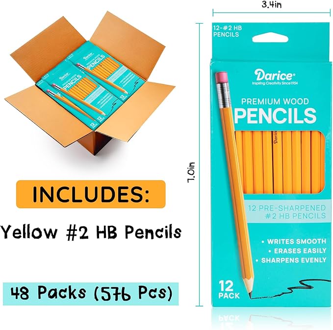 Darice Wood-Cased Pencils, 576pc Bulk Pre-sharpened #2 HB Pencils with Eraser for Classroom Back to School Supplies, 12 x 48 Pack