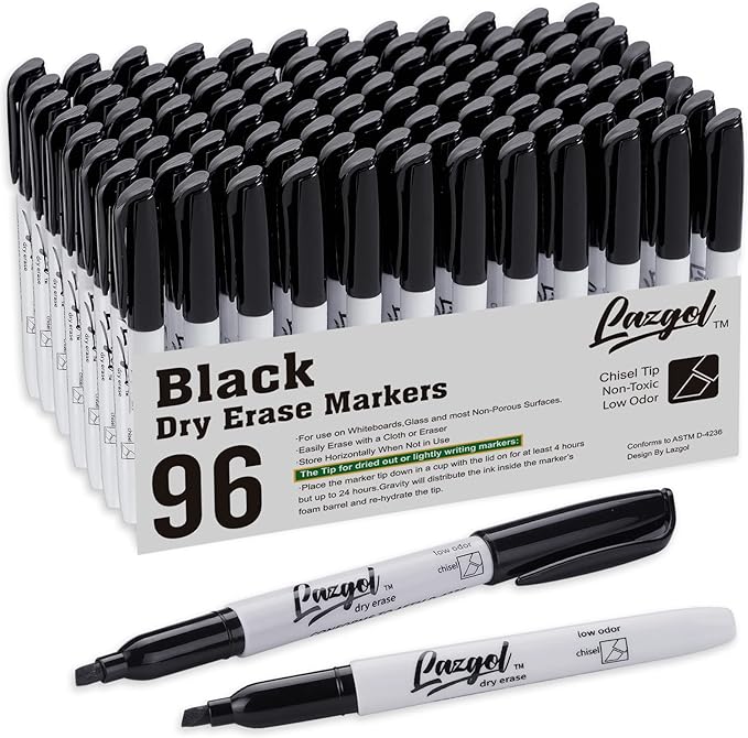 Dry Erase Markers Bulk, 96 Pack Black Dry Erase Markers Chisel Tip, Low Odor Whiteboard Markers for School, Office Supplies, Perfect for Writing on White Board, Mirror,Calender