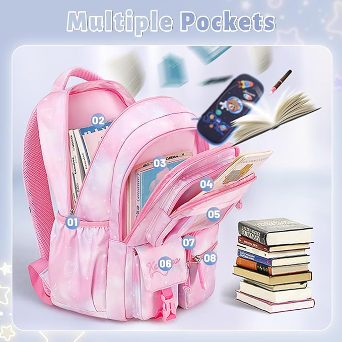 Lanola Girls Backpack, Kawaii Cute Kids Backpack for Teen Students Lightweight Water Resistant BookBag for Elementary Primary School - Purple