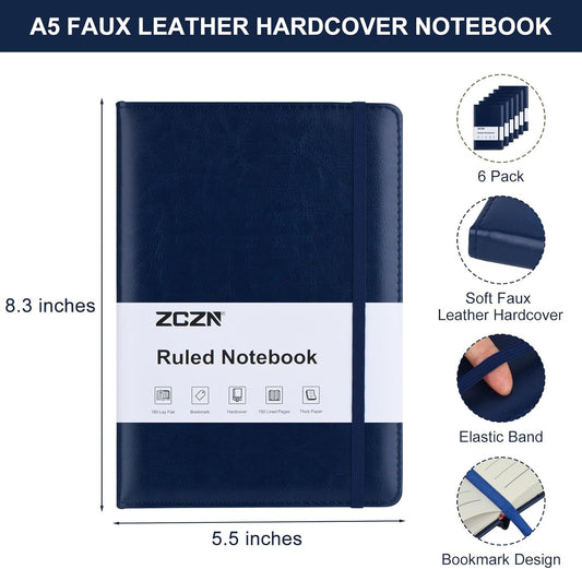 ZCZN 6 Pack Lined Journal Notebooks, 192 Pages A5 Hardcover Leather Journals for Work,Writing,School & Travel, College Ruled Journaling Notebooks for Notes Taking,Diary Notepad (Blue*6)