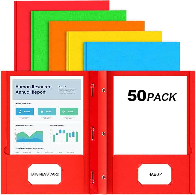 HABGP 50 Pack Two Pocket Folder with Prongs, Paper Folders with Pockets and Business Card Holder, Folders with Pocket Fit Letter Size, Organizing Papers in School, Office & Business 5 Color 10 Set