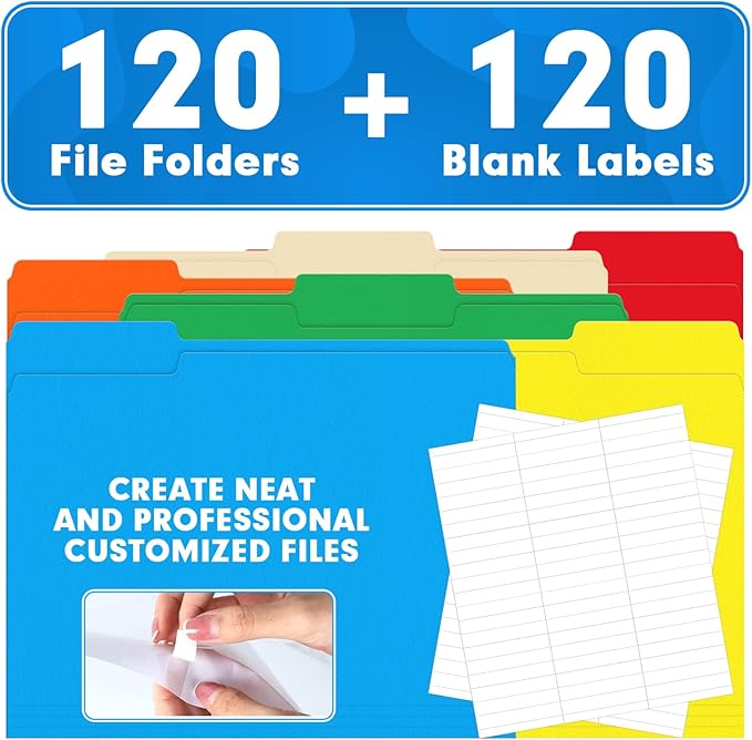 File Folder, HERKKA 120 Pack 1/3 Cut Tab File Folders, Colored File Folders Designed for Office and Classroom Use, Letter Size, Assorted 6 Colors