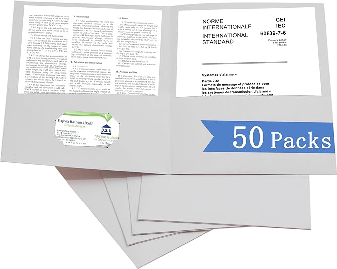 Zzrywuty 50 Packs Two Pocket File Folders with Business Card Slot,Textured Paper,Letter Size,Holds 100 Sheets for School,Office,Business,White