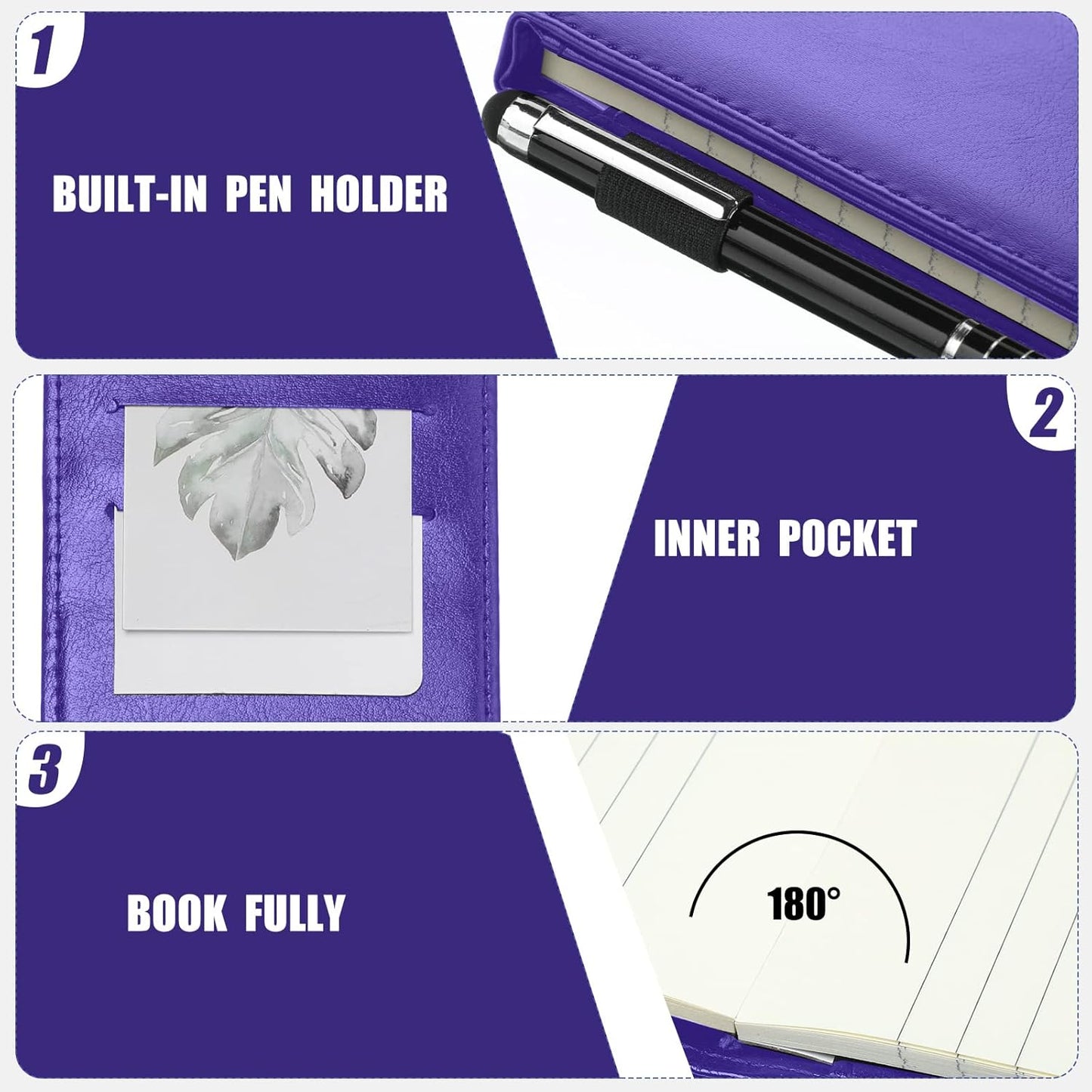 Outus 10 Pcs Pocket Notebook with Pen Set Included Mini Pocket Notepad Holder with 50 Lined Sheets, Metal Pen, 8 Pcs 3 x 5 Inch Memo Book Refills, 30 Lined Paper Per Note Pad (Purple)