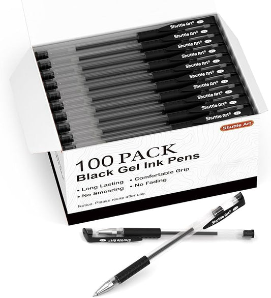 Shuttle Art Black Gel Pens, 100 Pack Fine Point Black Ink Pens Bulk, 0.5mm Rollerball Gel Ink Pens Smooth Writing with Comfortable Grip for Office, School and Home