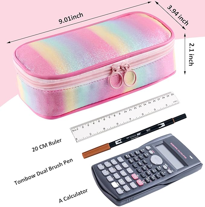 Glitter Rainbow Pencil Case for Girls, Large Capacity Pencil Pouch Pen Bag Organizer with 3 Compartments for Kids Student School Office Supplies, Cute Pencil Holder Pen Box (Glitter Rainbow)