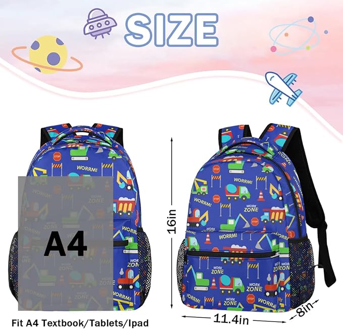 Kids Backpack for Boys Girls - School Bags for Primary Middle High School College Waterproof Casual Daypack Bookbag Lightweight Laptop Travel Backpack (Construction Trucks)