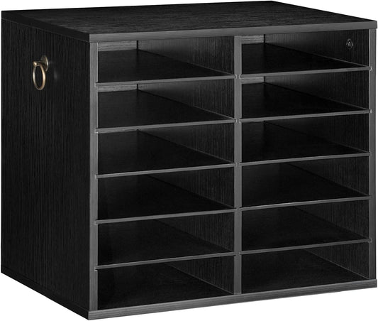 HOOBRO Literature Organizers, 12 Compartments Office Mailbox with Adjustable Shelves, Wood Countertop Literature Sorter for Office, Home, Classroom, Mailrooms Organization Black BK12WF01