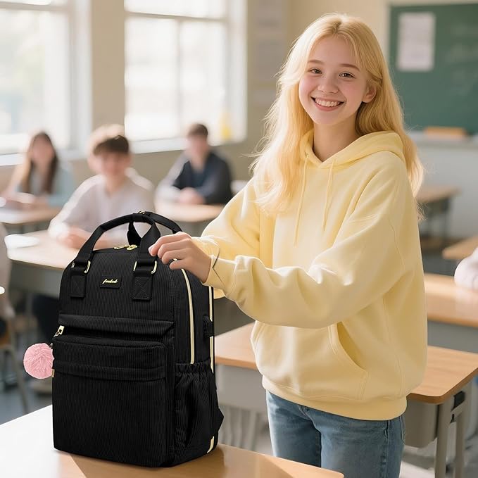 School Backpack for Girls Laptop Bookbag: Casual Corduroy Women Backpacks with USB Charging Port TSA Friendly Travel Back Pack with Anti-Theft Pockets Cute College Daypack for Teen Students Black