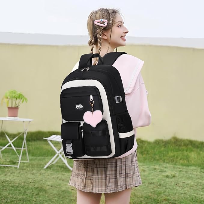3PCS Girls Backpack For College Middle High School Student Teens Women Bookbag Waterproof Laptop Bag Black Beige