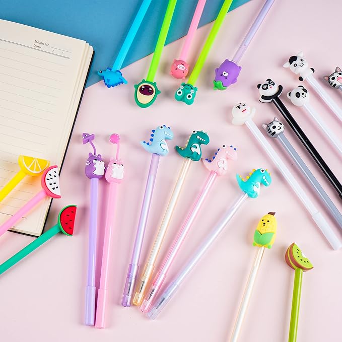 SAIWEILAI ONLINE 100 Pieces Kawaii Pens Cartoon Fun Pens Cute Animal Dinosaur Pen Black Gel Ink Writing Pen for Students Home Office School Supplies,50 Styles