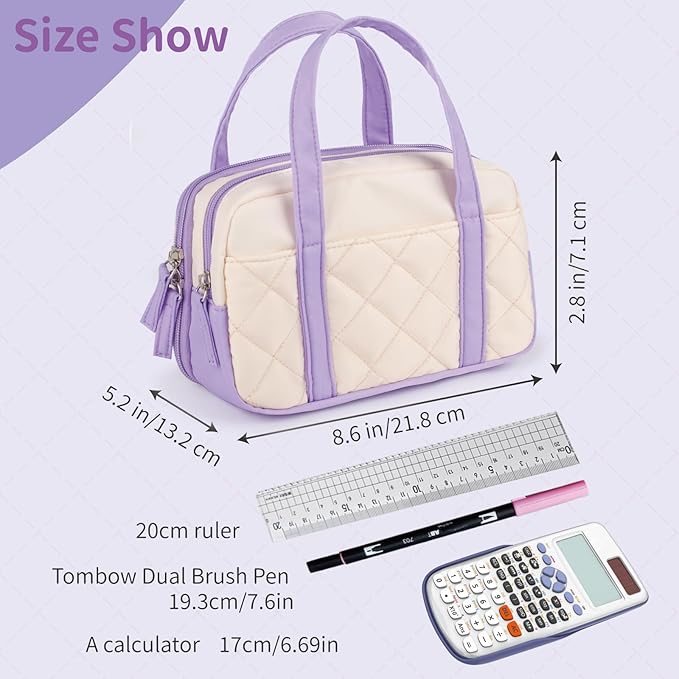 2 Compartment Pencil Case For Girls,Zipper Pencil Bag With Handle, Large Capacity quilting Pencil Pouch Organizer Aesthetic, Womens Soft Pencil Box Marker Pouch For Middle School Office College