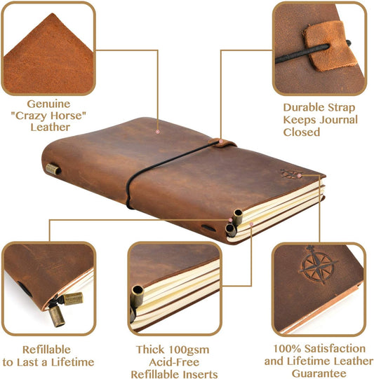 Wanderings A6 Travelers Notebook/Handcrafted Genuine Leather Journal - 4.5" x 6" - This Small Refillable Travel Journal is Rugged Enough to Capture All Life's Adventures. 100 GSM Blank Inserts