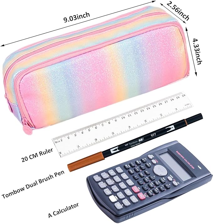 Glitter Rainbow Pencil Case for Girls, Large Capacity Pencil Pouch Pen Bag Organizer with 3 Compartments for Kids Student School Office Supplies, Cute Pencil Holder Pen Box Stationary Bag