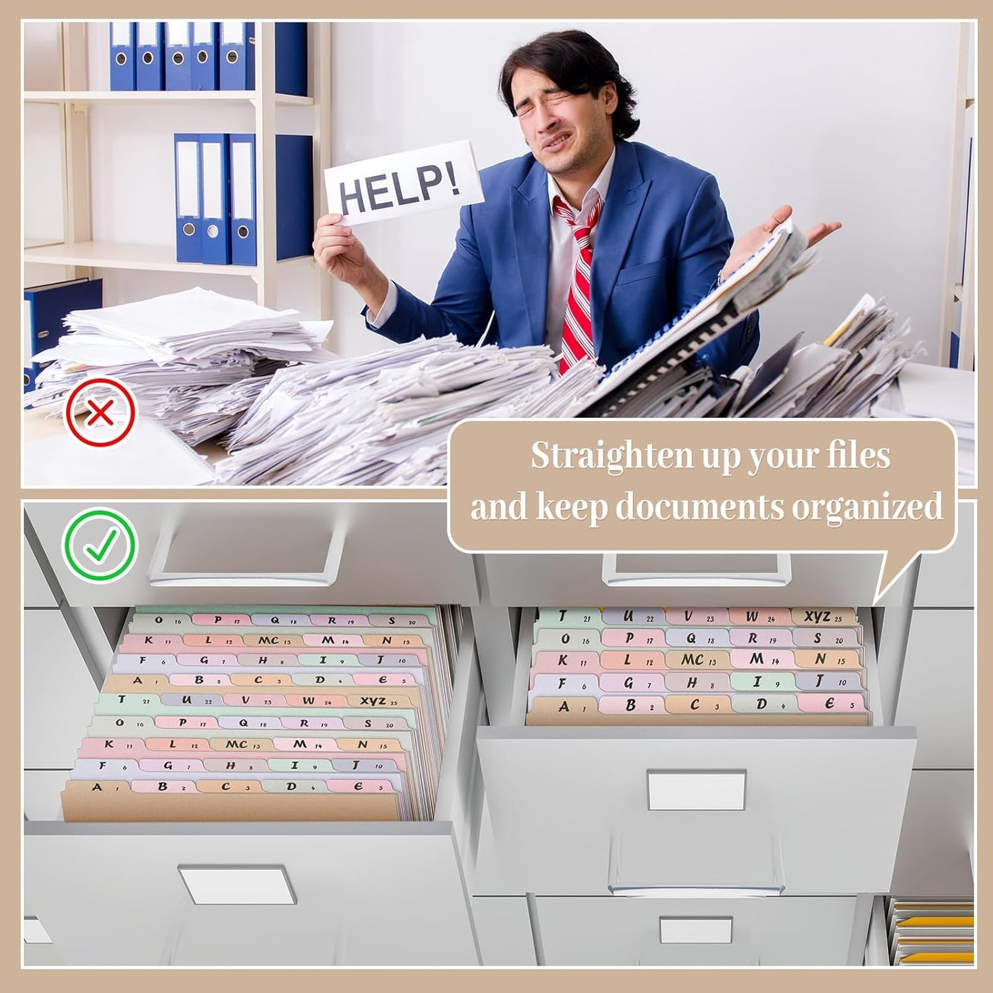 2 Set 50 Pcs Alphabet File Dividers Top Tab File Guides Set, Heavyweight A-z Letter Size Filing Cabinet Dividers 1/5 Cut Tab Desk Organizer for Work School Office(Classic Colors)