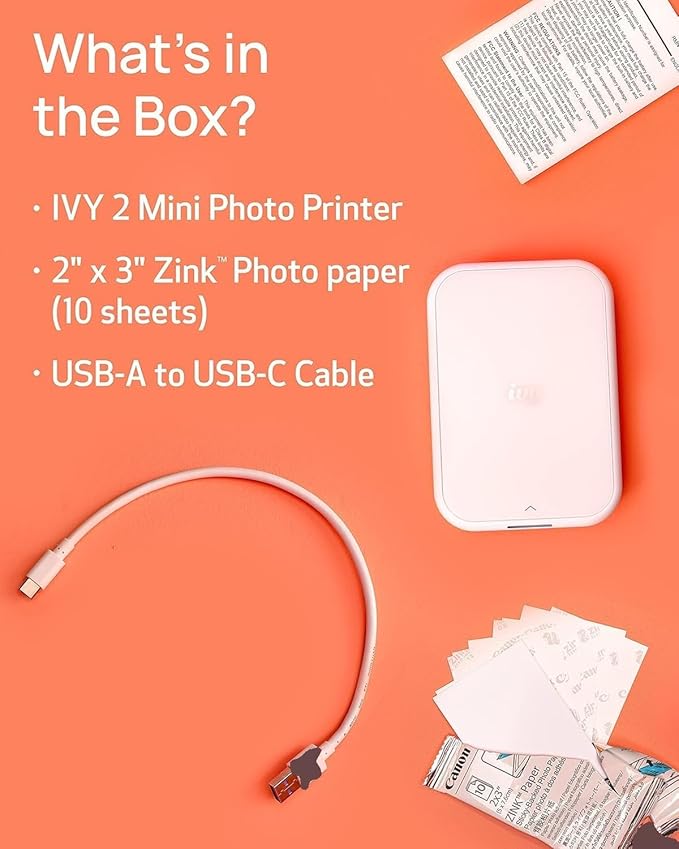 Canon Ivy 2 Mini Photo Printer (Pure White) - Bluetooth, Print from iOS & Android Devices, Bundle Incl. 110 Zink Sticky-Back Prints, LED Light Bar, Protective Case, and USB Cable