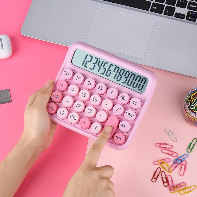 Mechanical Switch 12-Digit Pink Calculator - Large LCD Display, Big Buttons, Desktop, Cute, For Everyday Use