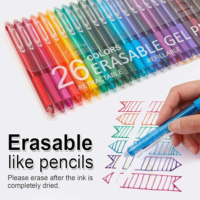 Vanstek 26 Colors Erasable Gel Pens, Retractable Erasable Pens Clicker, Fine Point(0.7), Make Mistakes Disappear, Premium Comfort Grip for Drawing Writing Planner and School Supplies