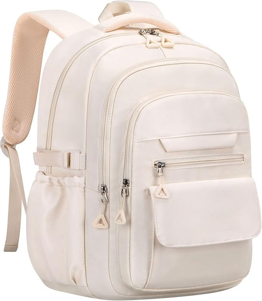 Cute Backpack for School Teen Girls Beige Bookbag Aesthetic Womens Travel Book Bags for School Kids Student Back Packs