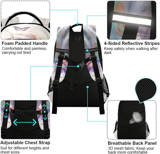 White Horse Butterfly Backpack for Girls Boys Elementary School Bag Kids Bookbag Travel Rucksack