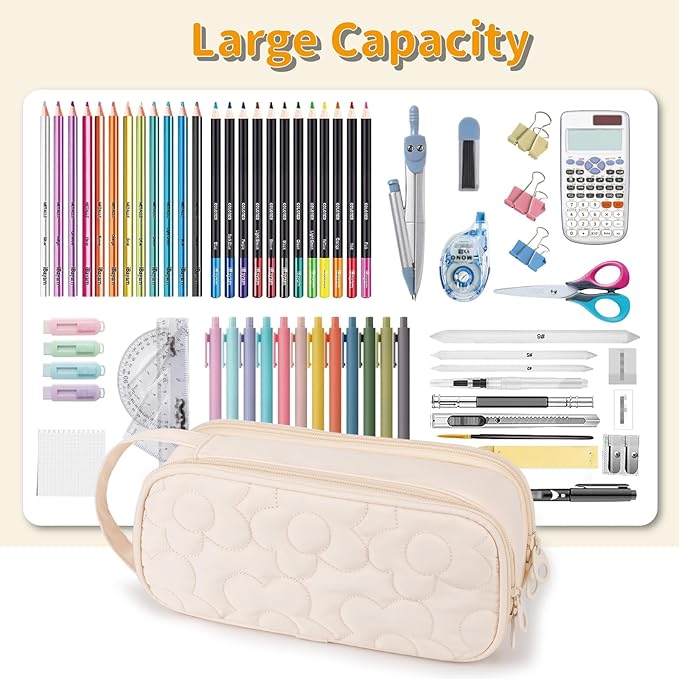 Pencil Case For Girls,Flower Quilted Large Capacity Pencil Pouch With 2 Compartment, Zipper Pencil Bag With Handle, Women Soft Pencil Box For Middle School Office College
