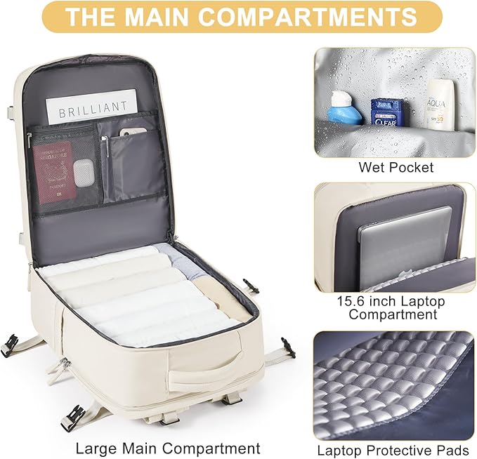 coofay Large Travel Backpack Carry on Flight Approved Mochila De Viaje Personal Item Backpack for Airlines Frontier Airlines Personal Item Bag Large Backpack for Travel Backpacks for Men Women Beige