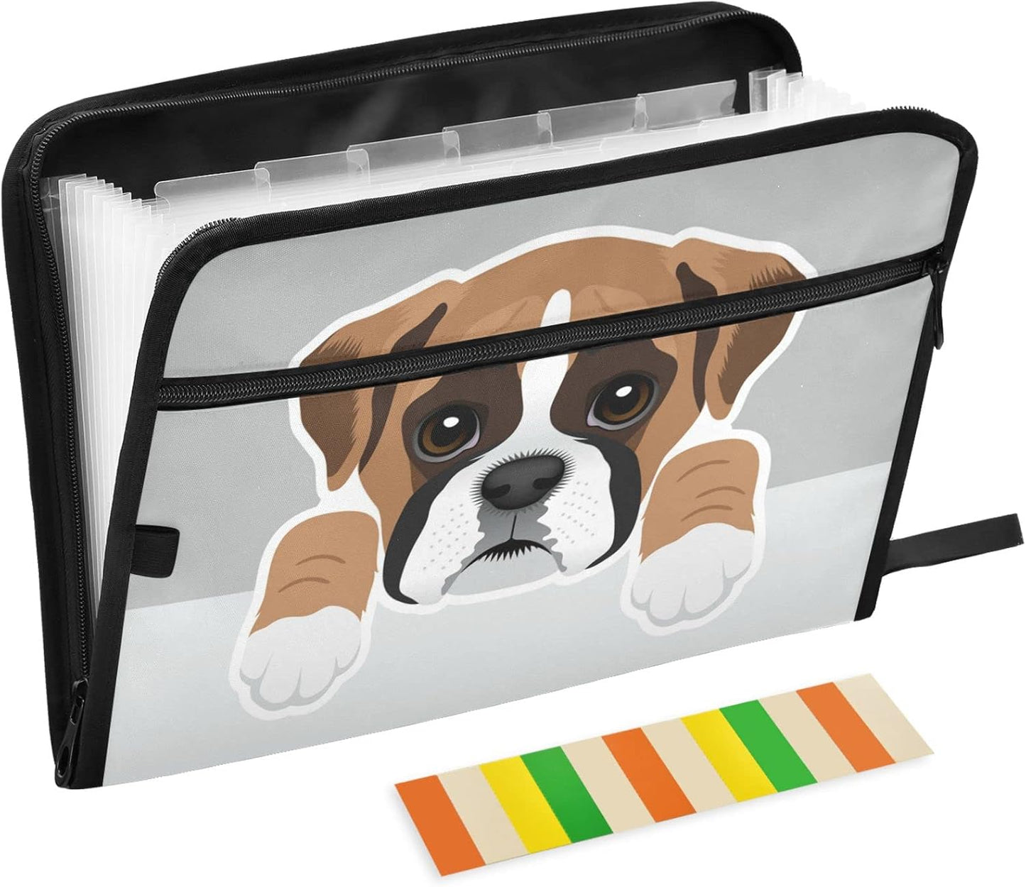 Boxer Dog Puppy Expanding File Folder 13 Pockets with Zipper Cute Dog Expandable Filing Folders Accordion Document Files Organizer for A4 Letter Size Paper