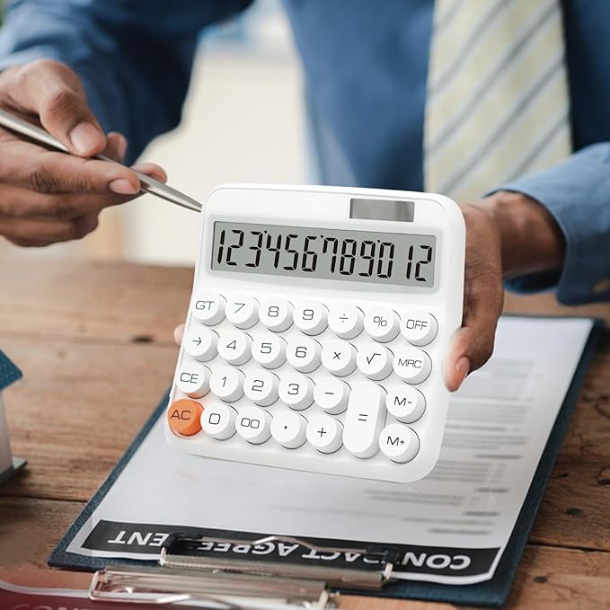 White Calculator, Standard Calculator 12 Digit with Large LCD Display and Big Buttons,White Office Supplies and Desk Accessories,Cute Calculator for Home, Office, School, Class and Business