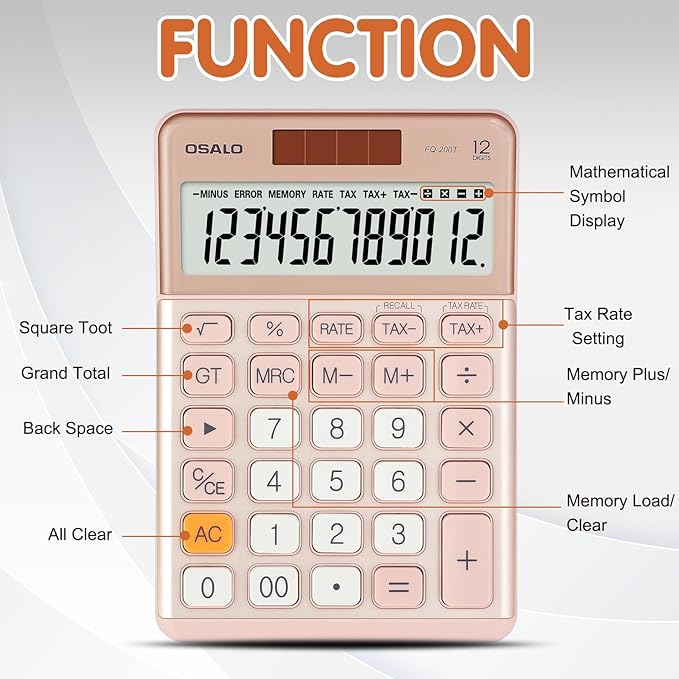 Pendancy Office Small Calculator Desktop with Tax+/- for Tax Calculation, 12 Digit Large LCD Display, Solar Battery Power, Durable Portable Design, Financial Accounting Business Home Use(OS-200T-Pink)