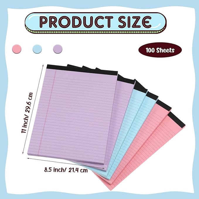 Honoson 6 Pack Legal Pads 8.5 x 11 College Ruled Colored Notepad 600 Sheets Wide Ruled Writing Pads 100 Sheets/pad Lined Paper Bulk for Office School Classroom Teacher Students Supplies, 3 Colors