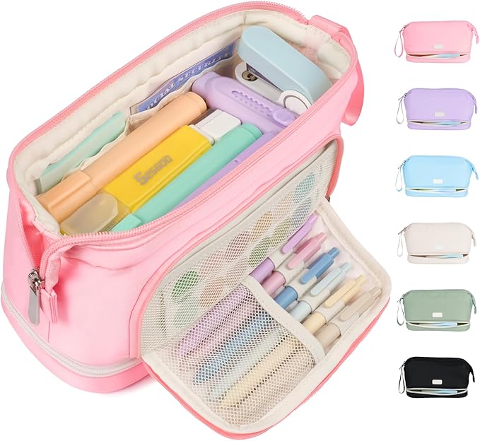 Sooez Big Pencil Case, Extra Large Pencils Pouch, Wide Opening Pen Bag Box with 6 Compartments, Store 200 Pens, Zipper Stationery Organizer, Cute Aesthetic School Supplies for Teen Girls Boys Women