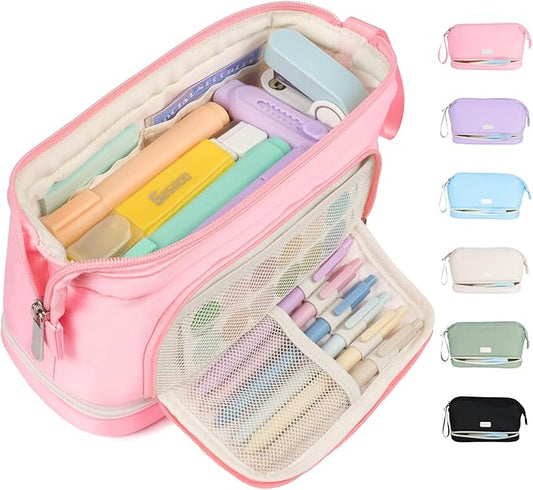 Sooez Big Pencil Case, Extra Large Pencils Pouch, Wide Opening Pen Bag Box with 6 Compartments, Store 200 Pens, Zipper Stationery Organizer, Cute Aesthetic School Supplies for Teen Girls Boys Women