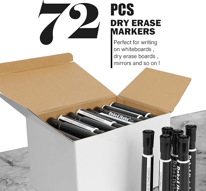 Dabo&Shobo Dry Erase Markers, Bulk Pack Of 72 Count, Low Odor Ink, Chisel Tip, Black Whiteboard Markers Perfect For Writing on Whiteboard, Mirror, Glass For School, Office, Home