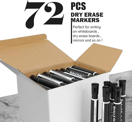 Dabo&Shobo Dry Erase Markers, Bulk Pack Of 72 Count, Low Odor Ink, Chisel Tip, Black Whiteboard Markers Perfect For Writing on Whiteboard, Mirror, Glass For School, Office, Home