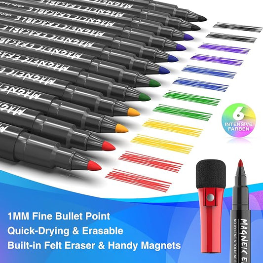 Magnetic Dry Erase Markers Fine: 12 Count 6 Colors Erasable Whiteboard Markers Fine Point with Eraser Cap, Low Odor White Board Dry Erase Pens Fine Tip for Kids & Teachers, Home, Office