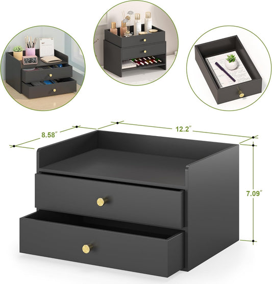Bamboo Desk Organizer - Stackable, No Assembly Required, Ideal for Office/Home Use - Perfect for Toiletries, Stationery, Accessories. (Black, Two level drawer box with sides)