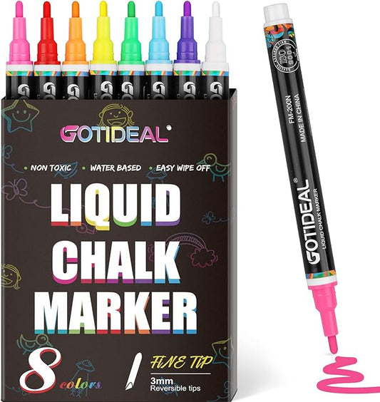 GOTIDEAL Liquid Chalk Markers, Fine Tip 8 Colors Washable Window Chalkboard Glass Pens, Paint and Drawing for Car, Blackboard, & Bistro,Kids and Adults, Non-Toxic,Wet Erase - Reversible Tip