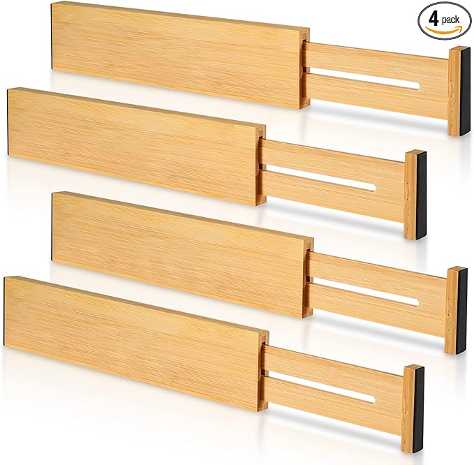 4 Pack Bamboo Drawer Dividers, Adjustable Length from 12 Inch to 17 Inch, Expandable Kitchen Drawer Organizer, Drawer Organization Separators for Clothes, Kitchen, Bedroom, Dresser, Office (Beige)