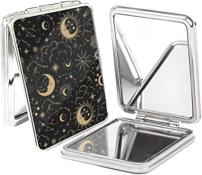 Compact Pocket Mirror, Cute Travel Mini Mirror with Magnification, Foldable Double-Sided Portable Cosmetic Mirror for Men, Women Sun and Moon